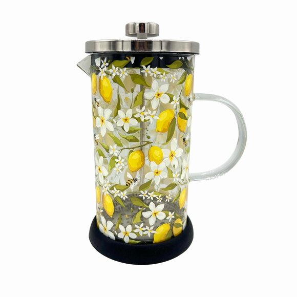 NWT LEMON HONEY BEE FLORAL PRINT GLASS FRENCH PRESS COFFEE MAKER GIFT HOLIDAY - Picture 1 of 6